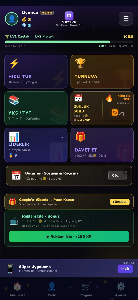 Quizlyk ana sayfa: Hızlı Tur, Turnuva, YKS, Günlük Soru ve Liderlik kartları